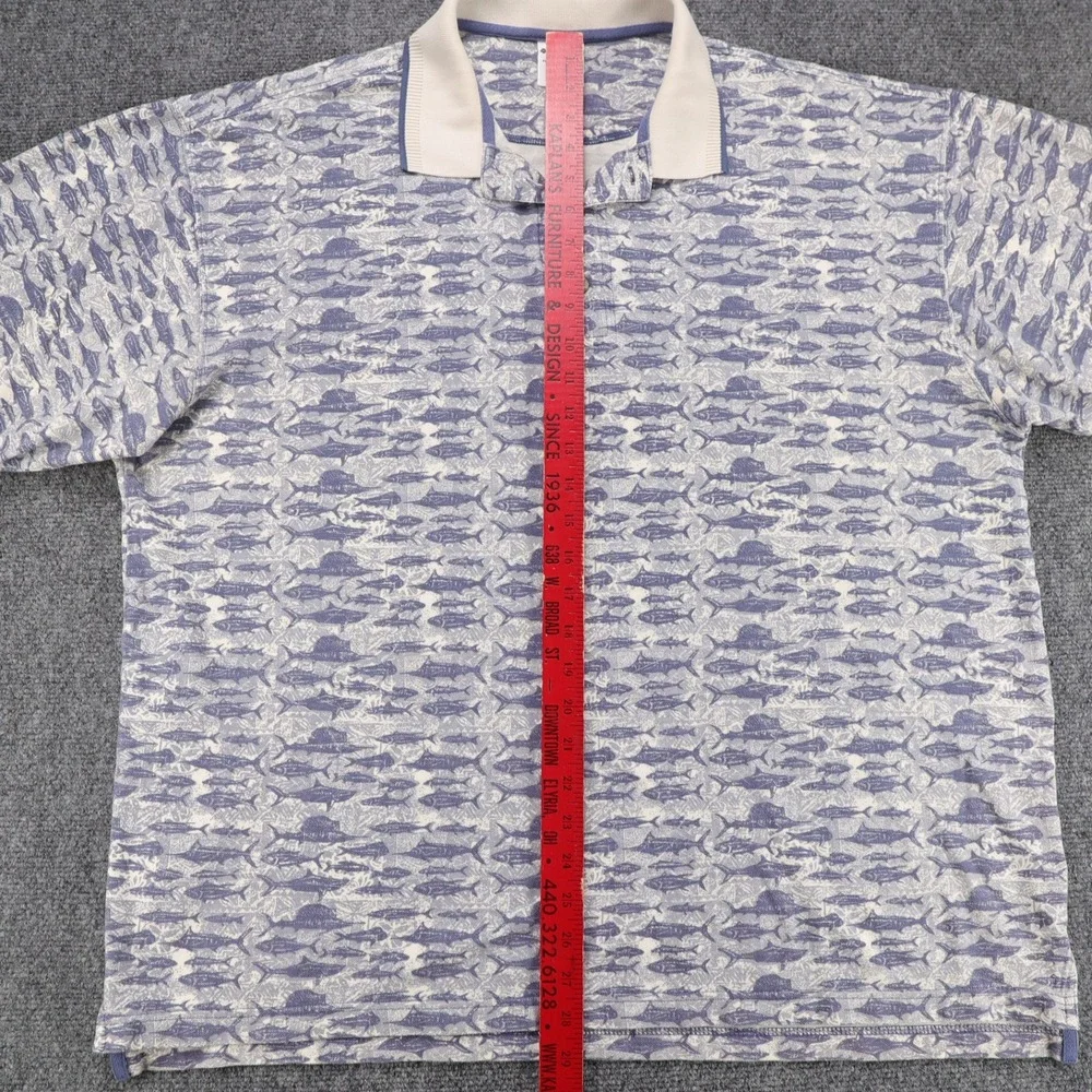 Columbia Mens XL Blue All Over Fish Print Polo Shirt‎ Cotton Short Sleeve